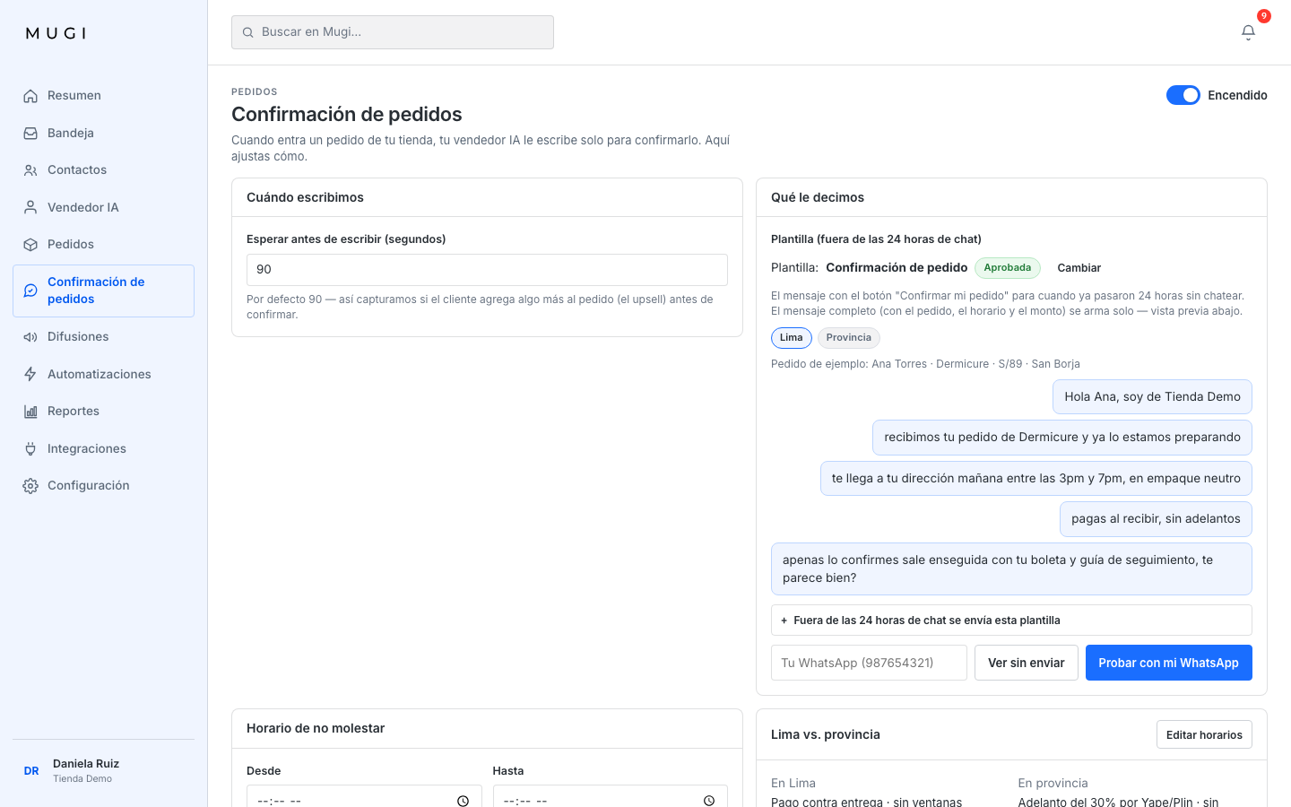 Pantalla de Confirmación de pedidos con la plantilla de mensaje y la vista previa del texto que recibe el cliente