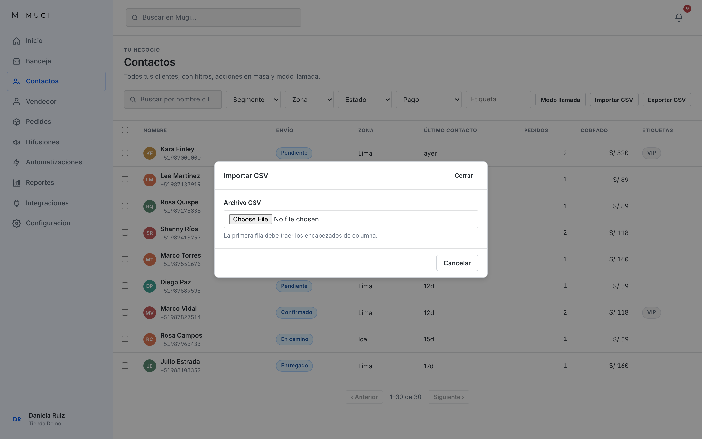 asistente de importar CSV, con el aviso de próxima actualización