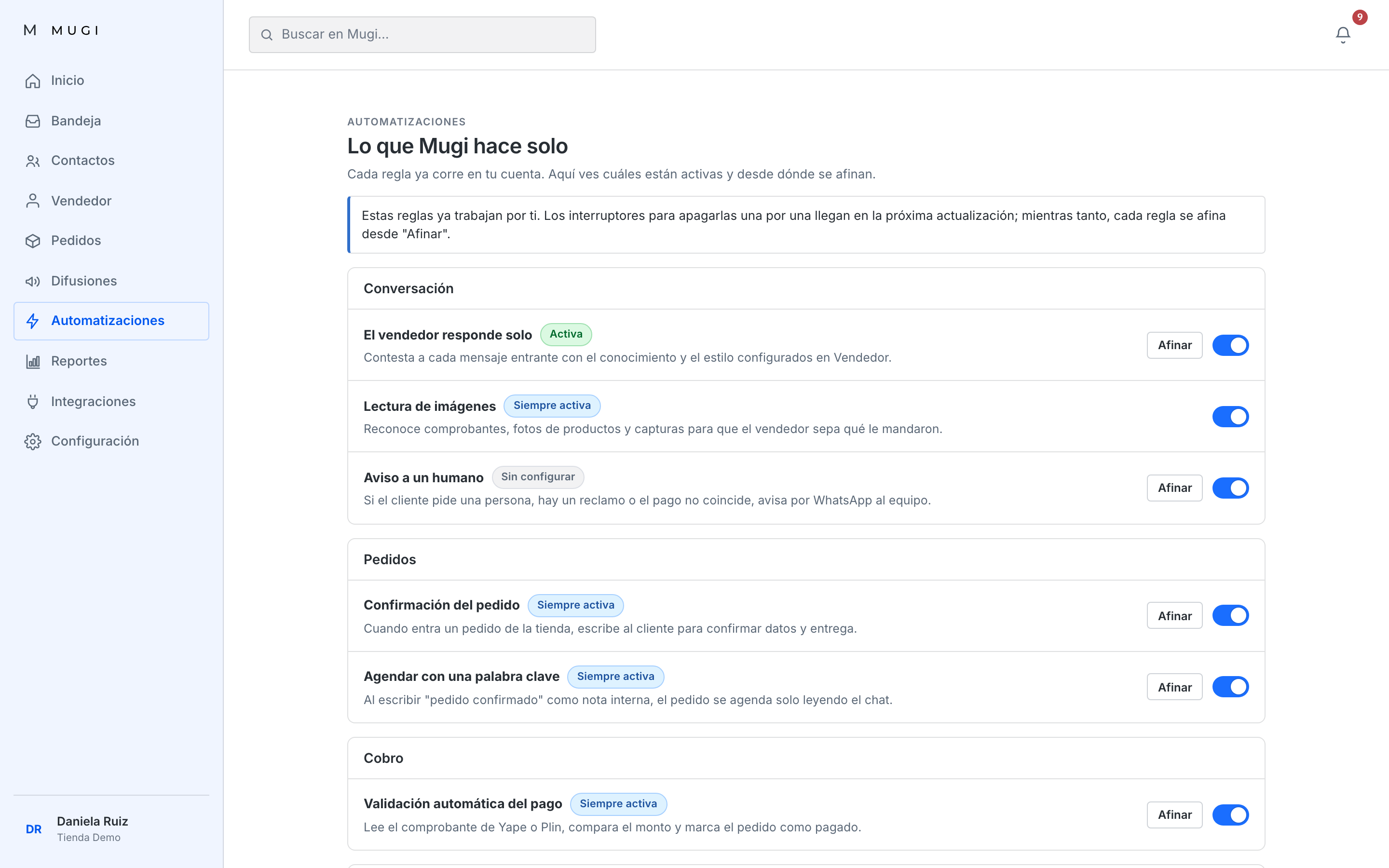 Automatizaciones, reglas agrupadas con su estado