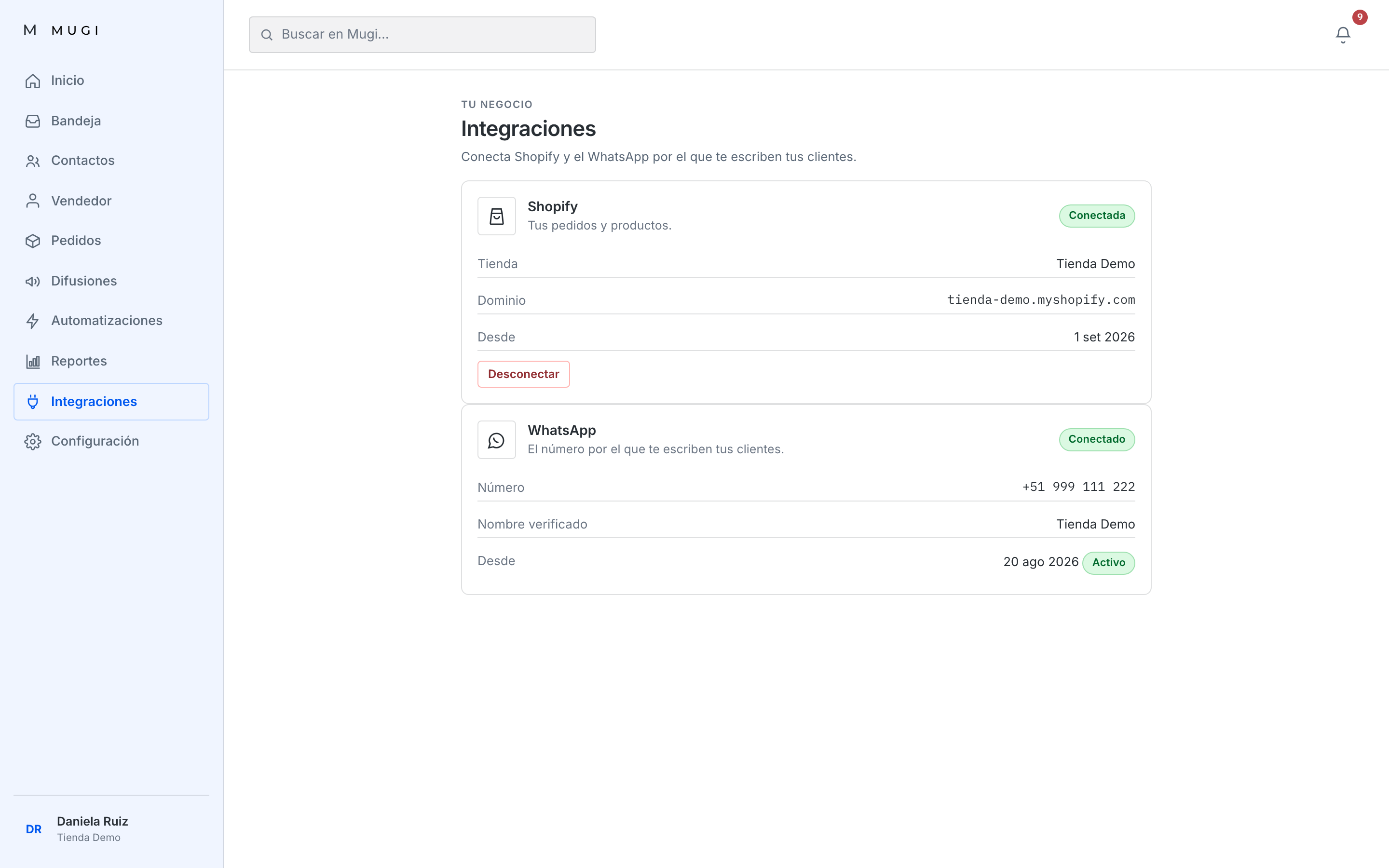 Integraciones, Shopify y WhatsApp ambos conectados