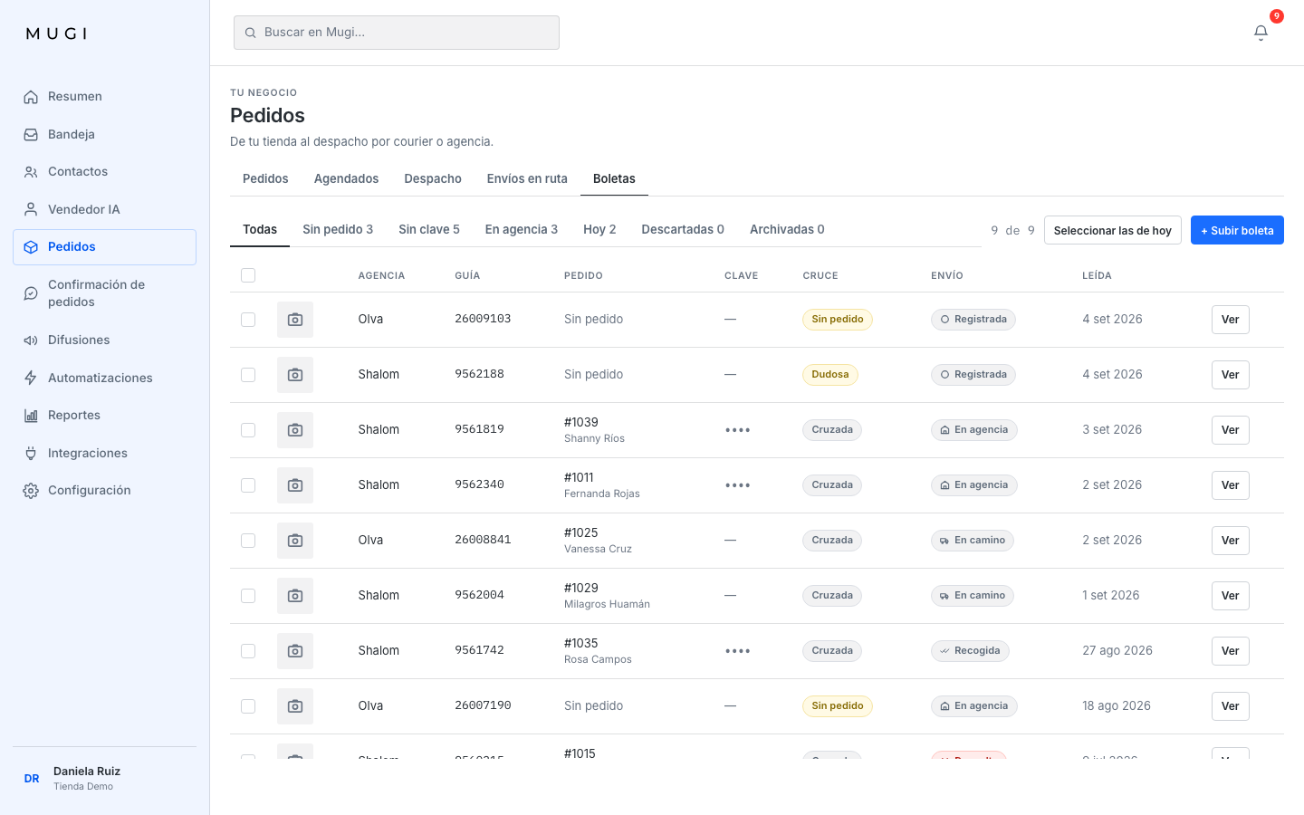 Pedidos › Boletas, listado con filtros y el estado de cada una