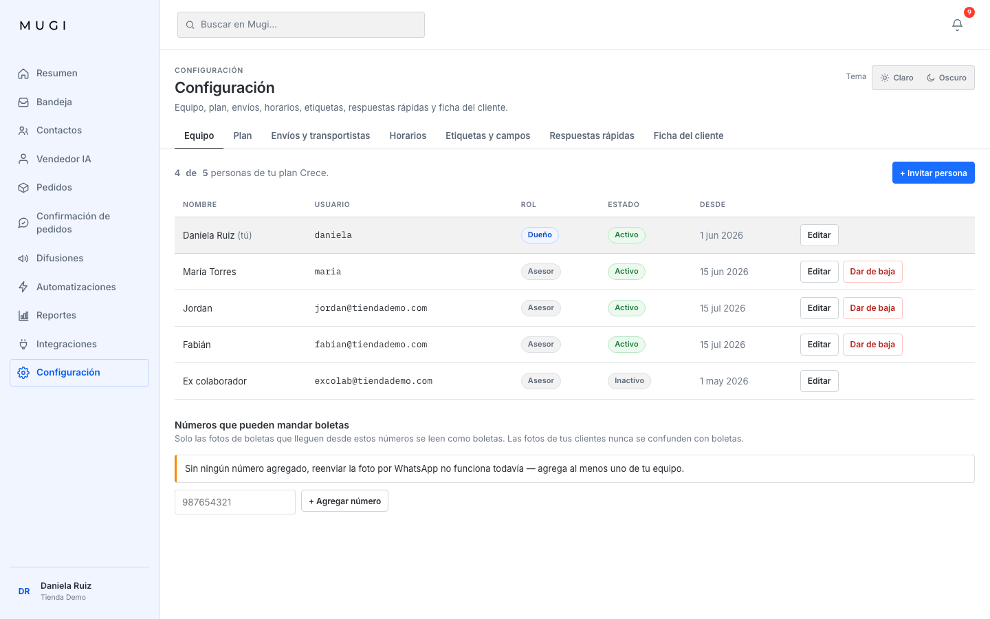 Configuración › Equipo, números que pueden mandar boletas