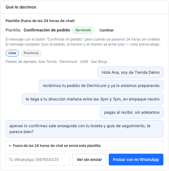 tarjeta "Qué le decimos" con la vista previa del mensaje y los botones para probarlo