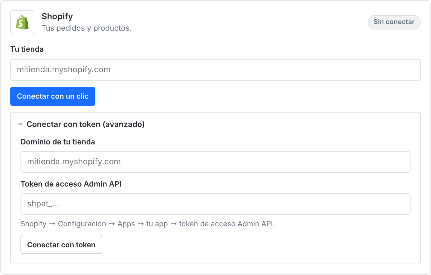 "Conectar con token (avanzado)" abierto, con los dos campos y el botón "Conectar con token"